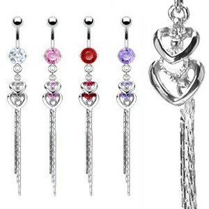 Köldök piercing - két szív keret és hosszú ezüst lánc - A cirkónia színe: Piros - R