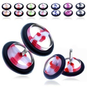Akril fake plug - átlátszó karika színes csíkokkal - A piercing színe: Piros