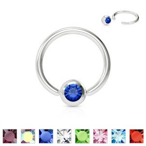 Piercing sebészeti acélból – gyűrű egy színes kristállyal egy kerek foglalatban - Méret: 1,2 mm x 10 mm, A cirkónia színe: Szivárvány - AB