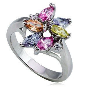 Fényes fém gyűrű - virág, színes könnycsepp- és kör alakú cirkóniák - Nagyság: 50