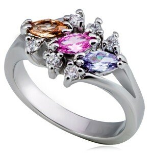 Fényes fém gyűrű - három színes, búzaszem cirkónia, pici, tiszta kövecskékkel - Nagyság: 55