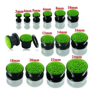 Fekete kerek fültágító plug zöld csillogókkal - Vastagság: 4 mm
