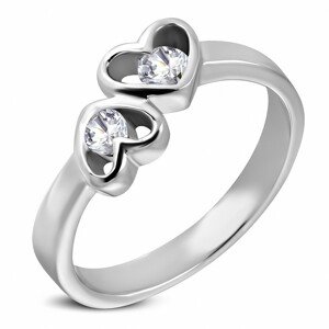 Ezüst színű acél gyűrű - kettős szív forma átlátszó cirkóniákkal - Nagyság: 59