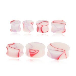 Akryl nyerges plug fülbe - fehér, piros-lila márványos motívummal - Vastagság: 12 mm