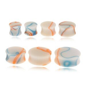 Akril plug fülbe, bézs szín, kék-narancs vonalak - Vastagság: 19 mm, Szín: Kék - narancs