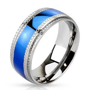 Acél gyűrű középen kék sávval, vésett mintás szegéllyel - Nagyság: 67