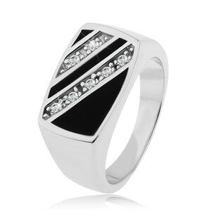 925 ezüst gyűrű, téglalap - ferde átlátszó cirkóniás vonal, fekete fénymáz - Nagyság: 58