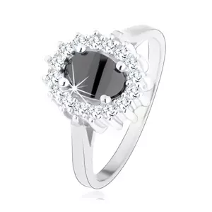 925 ezüst gyűrű, fekete ovális cirkónia, csillogó körvonallal, ródiumozott - Nagyság: 50