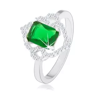 925 ezüst gyűrű, zöld téglalap cirkónia, átlátszó levélkerettel és ívekkel - Nagyság: 48