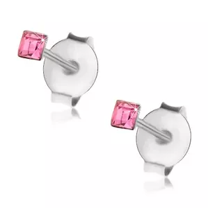 925 ezüst fülbevaló, rózsaszín Swarovski kristály - négyzet, 2 mm