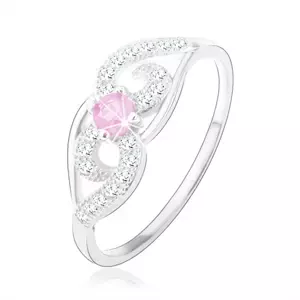 925 ezüst gyűrű, aszimmetrikusan ívelt vonalak, világos rózsaszín cirkónia - Nagyság: 54