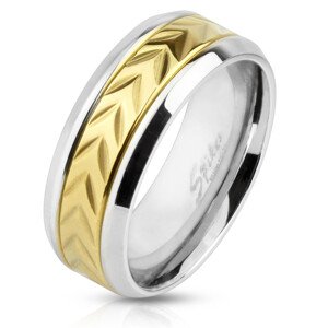 Acél karikagyűrű - sáv bemetszésekkel arany színben, keskeny ezüst színű vonalak az oldalain, 8 mm - Nagyság: 70
