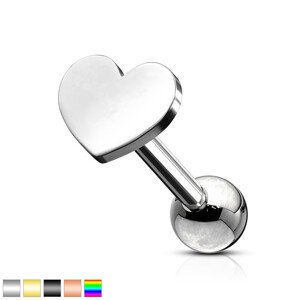 Fényes tragus piercing acélból – lapos szimmetrikus szív - A piercing színe: Ezüst