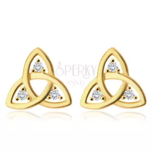 14K arany, gyémánt fülbevaló - Triquetra szimbólum, átlátszó briliánsok, stekker zár