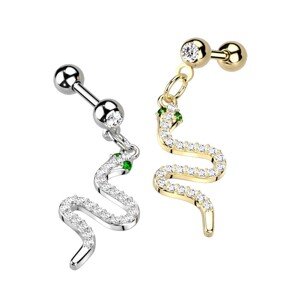 Tragus és fülporc piercing acélból - kígyó zöld szemekkel, cirkóniákkal - Szín: Ezüst