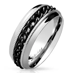 Sebészeti acél gyűrű - fekete lánc, bordázott, ezüst színben  - Nagyság: 55