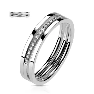 Sebészeti acél gyűrű - hármas vonal, átlátszó cirkóniák, ezüst színű - Nagyság: 57
