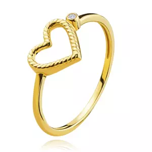 585 sárga arany gyűrű - barázdált szív, kerek cirkónia - Nagyság: 49