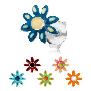 925 ezüst fülbevaló, virág színes fénymázzal, domború közép, stekkerek - Szín: Világoskék