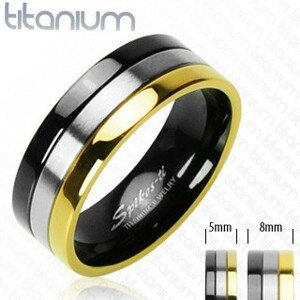 Titánium karikagyűrű - arany, ezüst és ónyx vonalak - Nagyság: 52