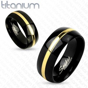 Fekete karikagyűrű titánból, fényes gömbölyű felszín, arany színű sáv, 8 mm - Nagyság: 62