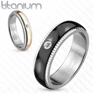 Titán karikagyűrű, ezüst szín, fekete cirkóniás sáv, recék, 6 mm - Nagyság: 61