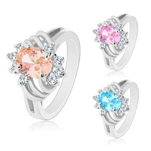 Csillogó gyűrű ezüst színben, nagy színes ovális, vékony ívek és átlátszó cirkóniák - Nagyság: 48, Szín: Rózsaszín