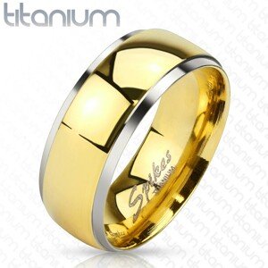 Titánium gyűrű - fényes sáv arany árnyalatban és keskeny ezüst színű szélek, 8 mm - Nagyság: 69