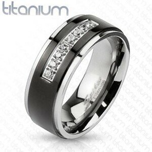 Titánium gyűrű ezüst színben, fekete sáv, fényes szélek, átlátszó cirkóniás vonal - Nagyság: 60
