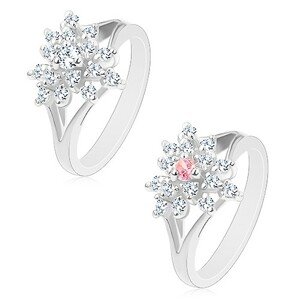 Gyűrű ezüst színben, átlátszó cirkóniás virág színes középpel - Nagyság: 54, Szín: Rózsaszín