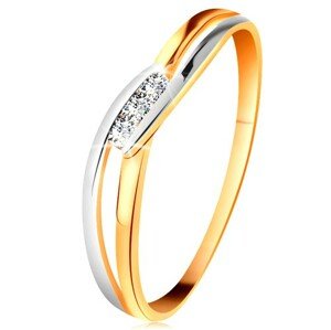 Gyémánt gyűrű 14K aranyból, három átlátszó briliáns, kettéválasztott hullámos szárak - Nagyság: 52