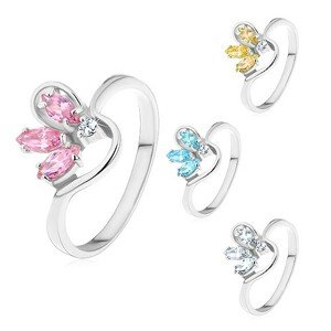 Gyűrű ezüst színben, fél színes virág cirkóniákból, hullámos szárak - Nagyság: 59, Szín: Rózsaszín