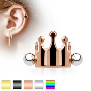 Acél fülpiercing, királyi korona, súlyzó golyókkal, különböző színek - A piercing színe: Arany