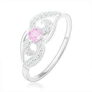 925 ezüst gyűrű, aszimmetrikusan ívelt vonalak, világos rózsaszín cirkónia - Nagyság: 58