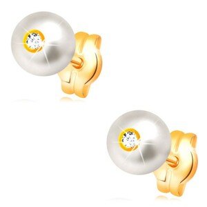 14K arany fülbevaló - kerek fehér gyöngy beültetett átlátszó cirkóniával, 5 mm