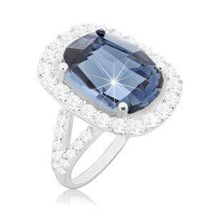 925 ezüst gyűrű, nagy kék cirkónia kerettel átlátszó cirkóniákból - Nagyság: 50