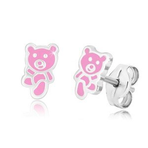925 ezüst fülbevaló - sétáló medve, rózsaszín fénymázzal, stekkerek