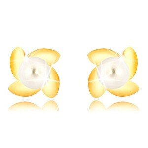 9K arany fülbevaló - fényes virág négy szirommal, fehér gyöngy