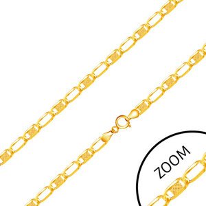 585 sárga arany lánc - hosszúkás elemek mintás téglalappal díszítve, 450 mm