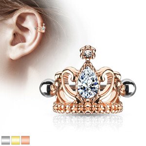 Acél fül piercing - királyi korona könnycseppel, fényes, gyöngyökkel díszített csengettyűvel - Szín: Arany