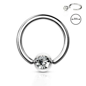 316L acél szemöldök piercing - gyűrű átlátszó kristállyal kerek tartóban, 0,8 mm, átmérő 6 mm