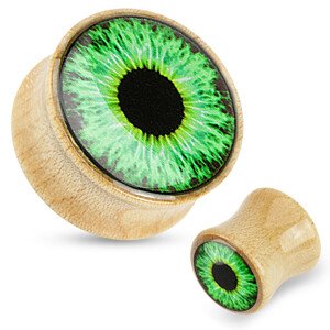 Fa fültágító - világosbarna szín, átlátszó mázzal, zöld szemmel - Vastagság: 16 mm