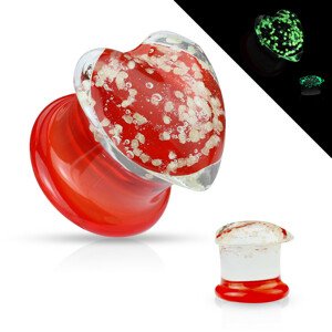 Pyrex üveg fültágító dugó - piros és átlátszó végek, átlátszó, sötétben világító szívecske - A piercing vastagsága: 6 mm