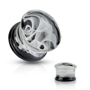 Pyrex üveg fültágító - fehér füstminta fekete kivitelben  - Vastagság: 6 mm