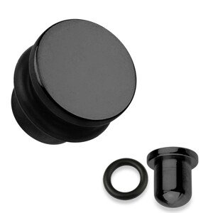 316L acél fültágító dugó fekete színben, fekete gumigyűrűvel, különböző szélességekben - Vastagság: 3 mm