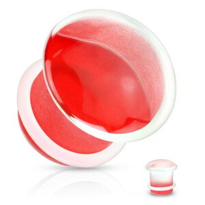 Fültágító dugó átlátszó üveg, domború forma piros véggel, gumigyűrűvel - Vastagság: 12 mm