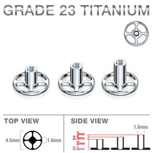 Titániumból készült szubkután microdermal implantátum, kör alakú, belső menet, négy furat - Hossz: 3 mm