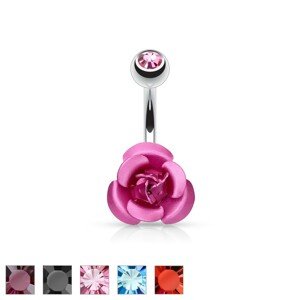 Köldök piercing acélból - rózsa különböző színekben, kerek cirkóniával - Szín: Rózsaszín
