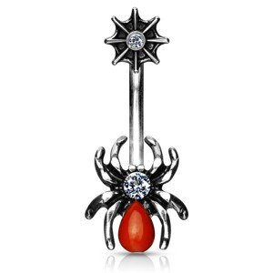 Patinás acél köldök piercing – pók pókhálóval, piros hassal, cirkóniákkal