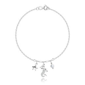 925 ezüst karkötő – csillag, sellő, fehér édesvízi gyöngy, átlátszó cirkóniák